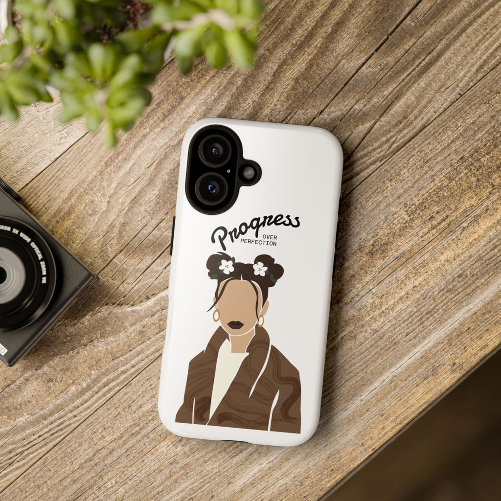 Progress Over Perfection Phone Case — Empowering Feminine Illustration Protective Cover